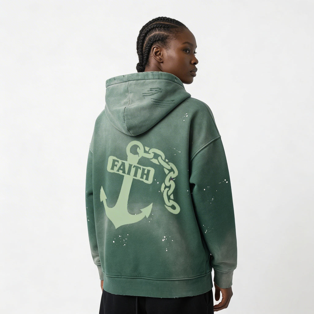 No Fear, Anchored Faith Vintage Washed Fleece  Retro Green Hoodie