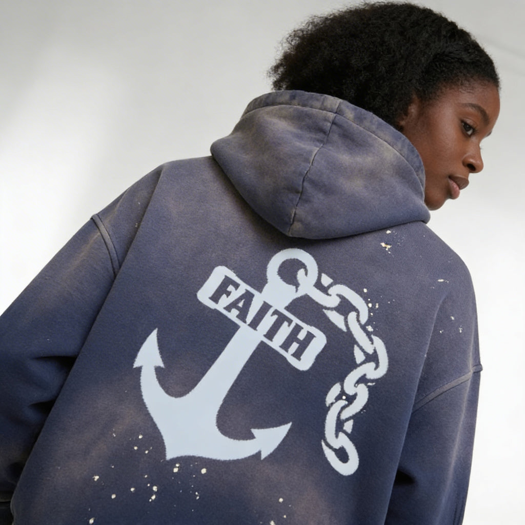 No Fear, Anchored faith Vintage Washed Fleece Navy Blue Hoodie